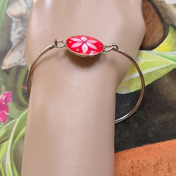 ALPACA Mexico Silver MOP Enamel HOT PINK Bangle Abalone Shell Flower Bracelet - Picture 9 of 13